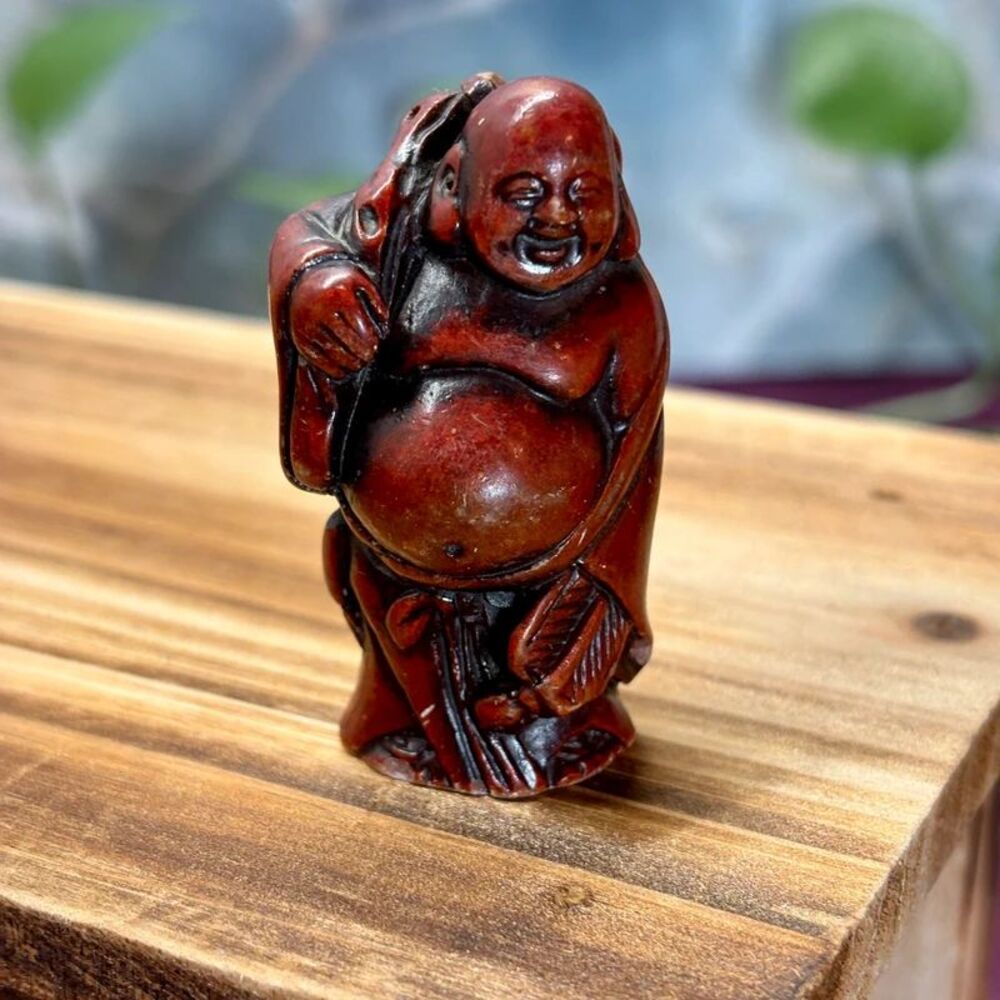 (Chipped) VTG Lucky Happy Buddha Miniature Figurine Feng Shui Red Resin